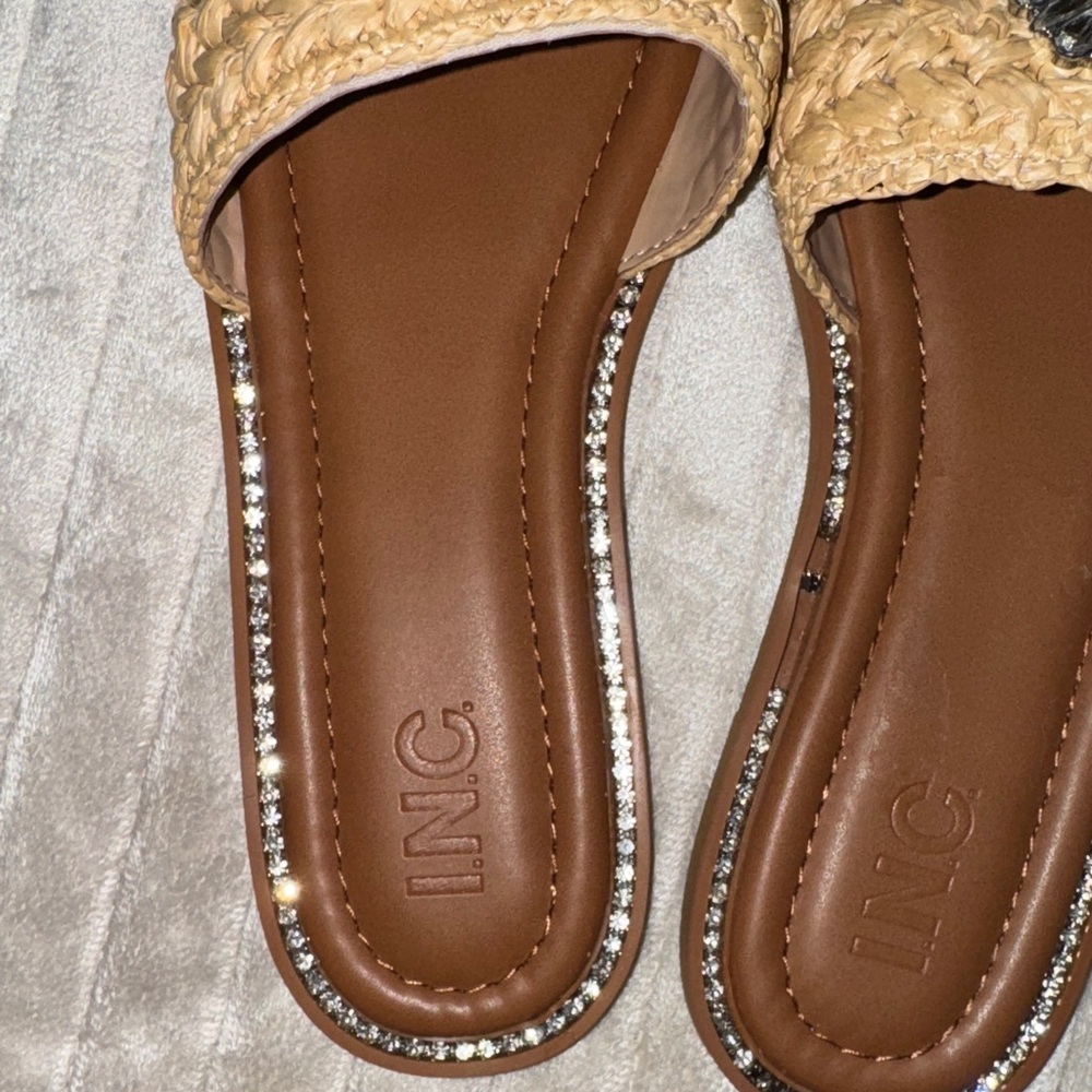 INC International Concepts Tan Woven Slide Sandals with Rhinestones - Picture 4 of 16